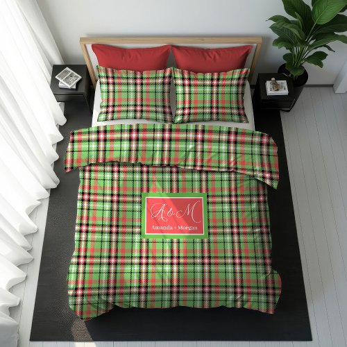 Christmas Duvet Cover Red Green Plaid Custom Name