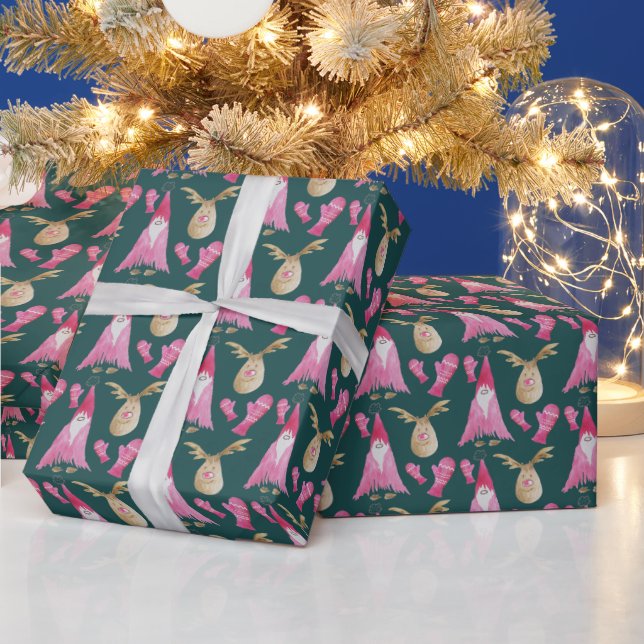 Christmas Dwarfs And Reindeers With Pink Gloves Wrapping Paper (Holidays)