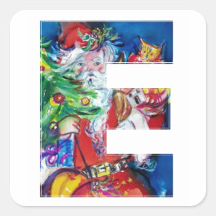 CHRISTMAS E LETTER / SANTA WITH CHRISTMAS TREE SQUARE STICKER