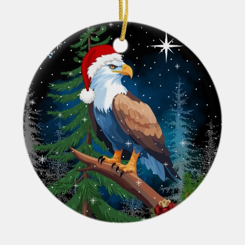 Christmas Eagle Wearing Santa Hat  Ceramic Ornament