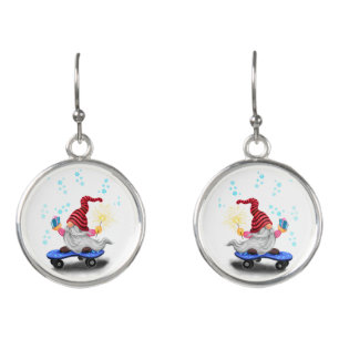 Christmas Earrings Gift Skater Gnome with Gifts