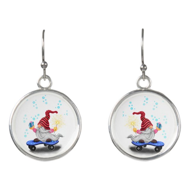 Christmas Earrings Gift Skater Gnome with Gifts (Front)
