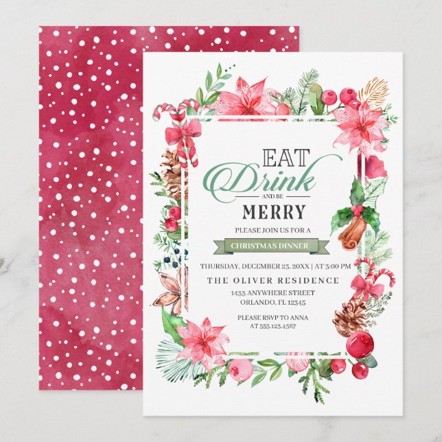 Christmas Eat Drink And Be Merry Dinner Invitation (Front/Back)
