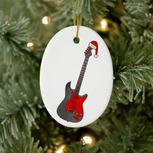 Christmas Electric Guitar Monochrome  Red Festive Ceramic Ornament