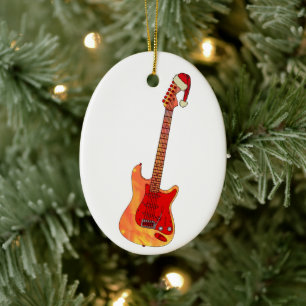 Christmas Electric Guitar Wearing a Santa Hat Ceramic Ornament