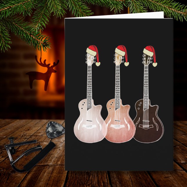 Christmas Electric Guitars Vintage Festive Retro Card (Simple rustic guitars wearing Santa hats music themed Christmas holiday greetings card)