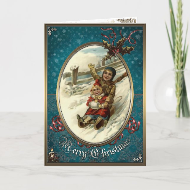 Christmas Elegance Card -  Children ride on a sled (Front)