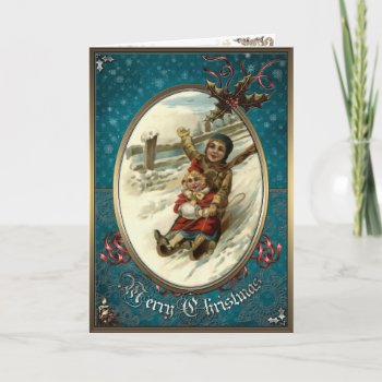 Christmas Elegance Card -  Children Ride On A Sled by VintageStyleStudio at Zazzle