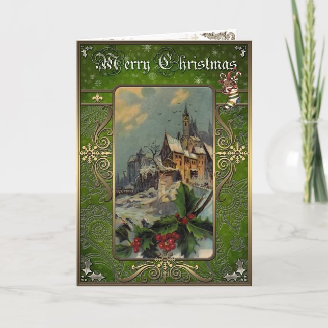 Christmas Elegance Card, Old castle in the winter. Holiday Card (Front)