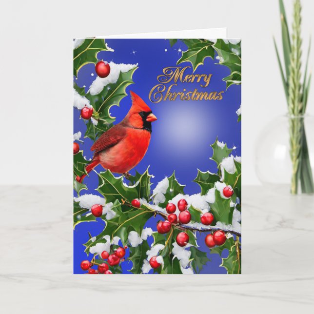 Christmas elegance card red cardinal bird holly (Front)