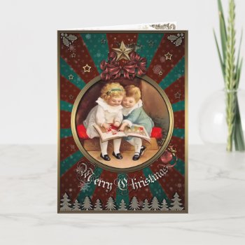Christmas Elegance Card  Two Girls Read The Book. Holiday Card by VintageStyleStudio at Zazzle