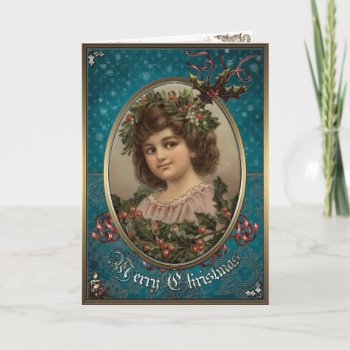 Christmas Elegance Card  Wonderful Girl With Holly Holiday Card by VintageStyleStudio at Zazzle