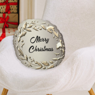 Christmas Elegance Metallic Holly Wreath Round Pillow
