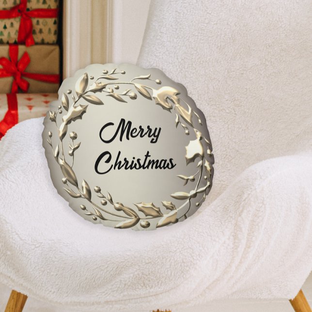 Christmas Elegance Metallic Holly Wreath Round Pillow (Creator Uploaded)