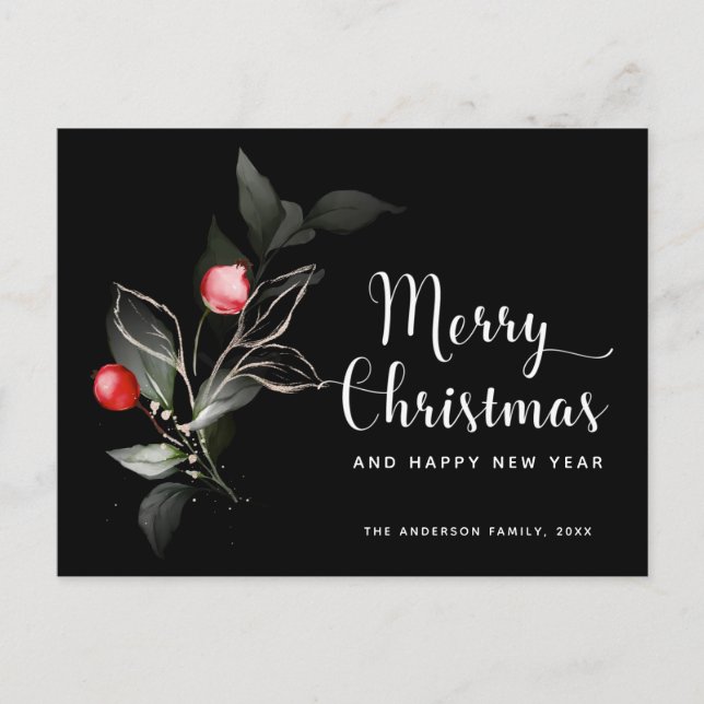 Christmas Elegant | Berries Black Holiday Postcard (Front)