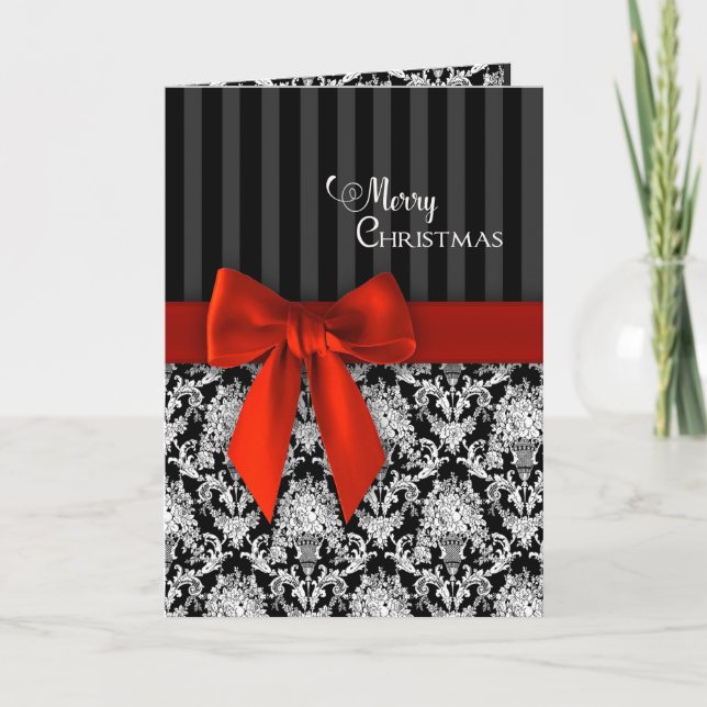 Christmas, Elegant Black/White Patterns/Red Ribbon Card (Front)