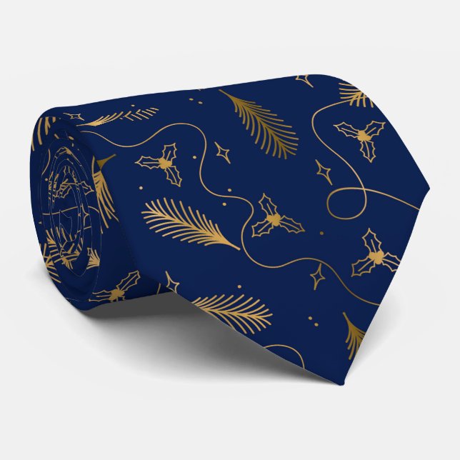  Christmas Elegant Blue and Gold pattern Neck Tie (Rolled)
