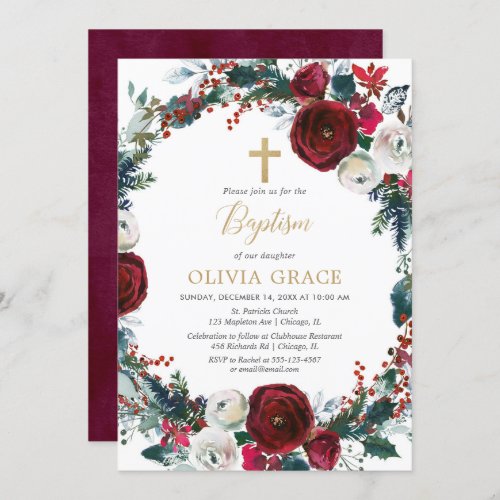 Christmas elegant burgundy gold girl baptism invitation