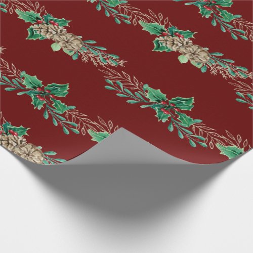 Christmas Elegant Burgundy Gold Holly Berries Wrapping Paper