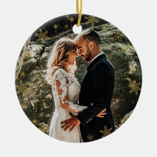 Christmas elegant custom Photo + Monogram on white Ceramic Ornament (Front)
