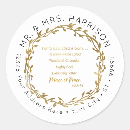 Christmas Elegant Gold Christian Scripture Address Classic Round Sticker