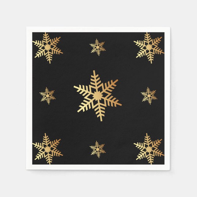 Christmas Elegant Gold Snowflakes On Black Napkins (Front)