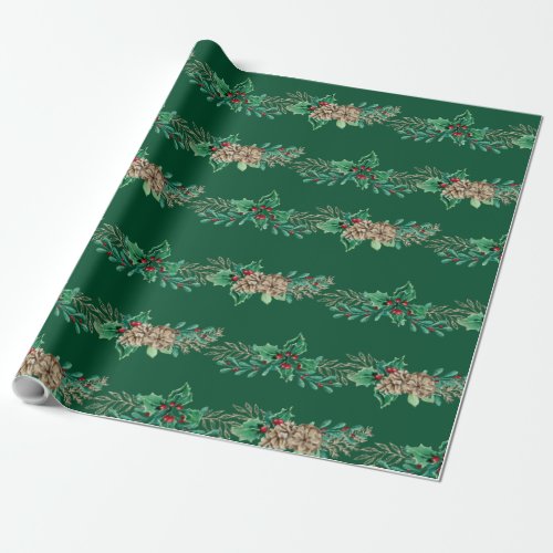 Christmas Elegant Green Holly Berry Pine Garland Wrapping Paper