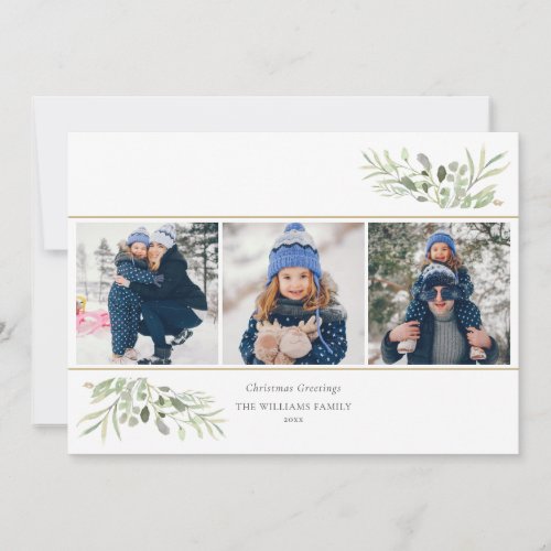 Christmas Elegant Greenery Floral Modern 3 Photo Holiday Card