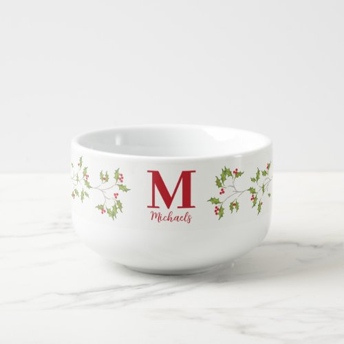 Christmas Elegant Holiday Classic Holly Monogram Soup Mug