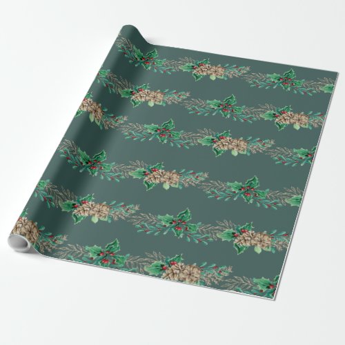 Christmas Elegant Holly Berry Pine Cone Garland Wrapping Paper