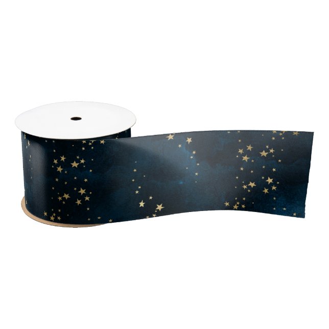 Christmas elegant luxury gold stars pattern blue w satin ribbon (Spool)