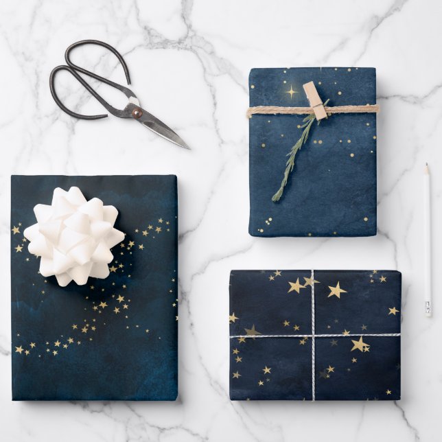 Christmas elegant luxury gold stars pattern blue wrapping paper sheets (Front)