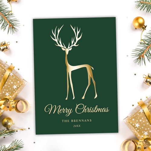 Christmas Elegant Minimalist Green Gold Reindeer Holiday Card