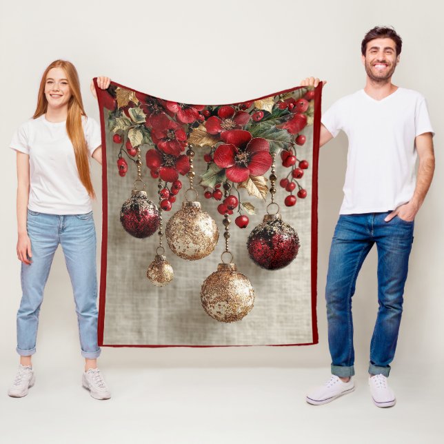 Christmas Elegant Ornaments Red Gold Red Flowers  Fleece Blanket (In Situ)