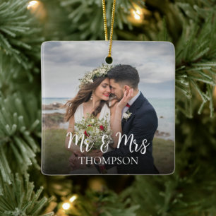 Christmas Elegant Photo Mr. and Mrs. Simple Ceramic Ornament