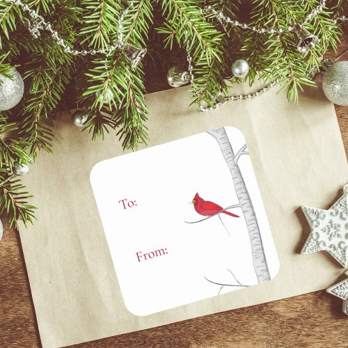 Christmas Elegant Red Cardinal Winter Birch Tree Square Sticker