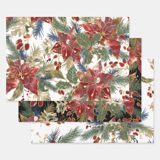 Christmas Elegant Red Gold Poinsettias Evergreens Wrapping Paper Sheets (Set)