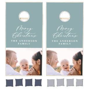 Christmas elegant script dusty blue modern elegant cornhole set
