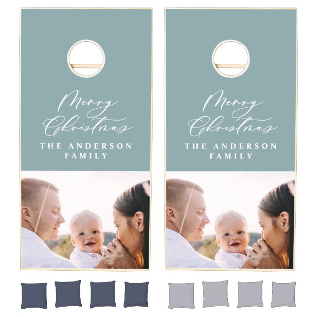 Christmas elegant script dusty blue modern elegant cornhole set (Set)