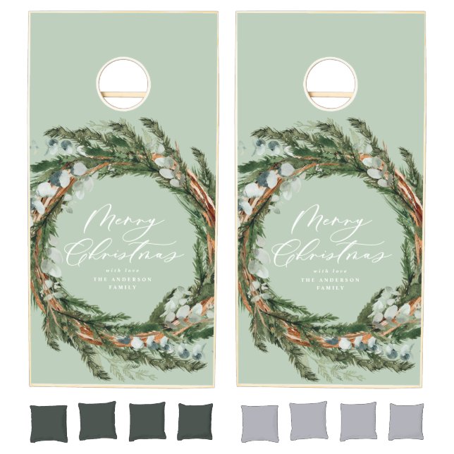 Christmas elegant script green watercolor wreath cornhole set (Set)