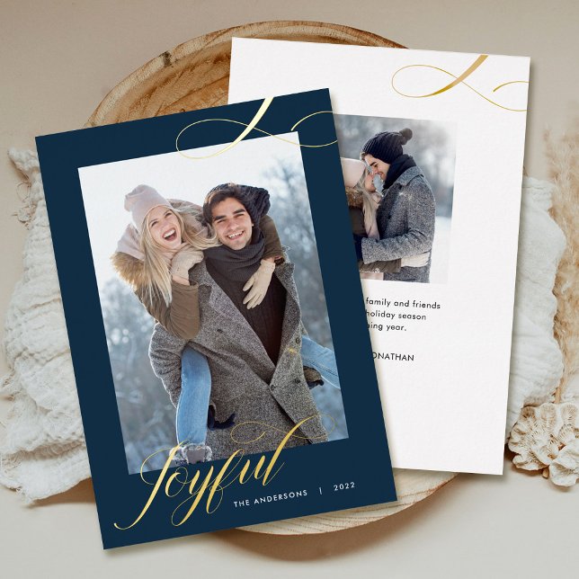 Christmas Elegant Script Joyful Photo Gold Foil Holiday Card (Creator Uploaded)