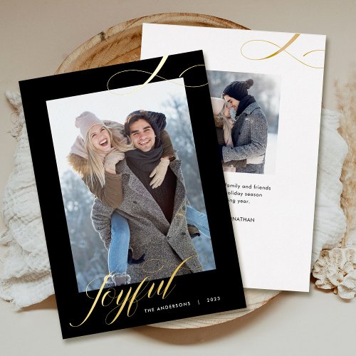 Christmas Elegant Script Joyful Photo Gold Foil Holiday Card