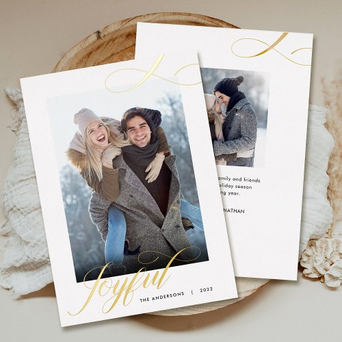 Christmas Elegant Script Joyful Photo Gold Foil Holiday Card