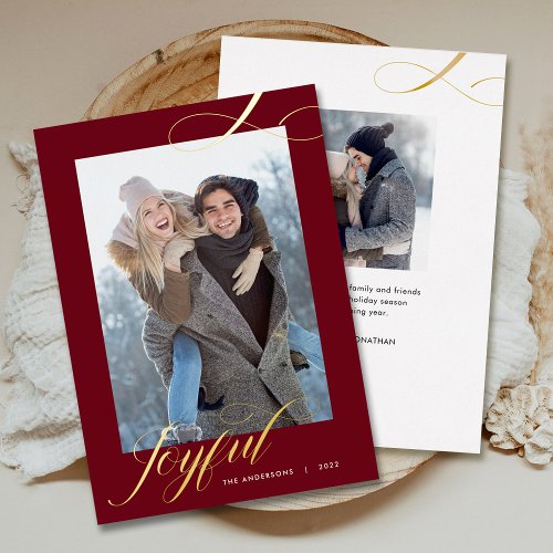 Christmas Elegant Script Joyful Photo Gold Foil Holiday Card