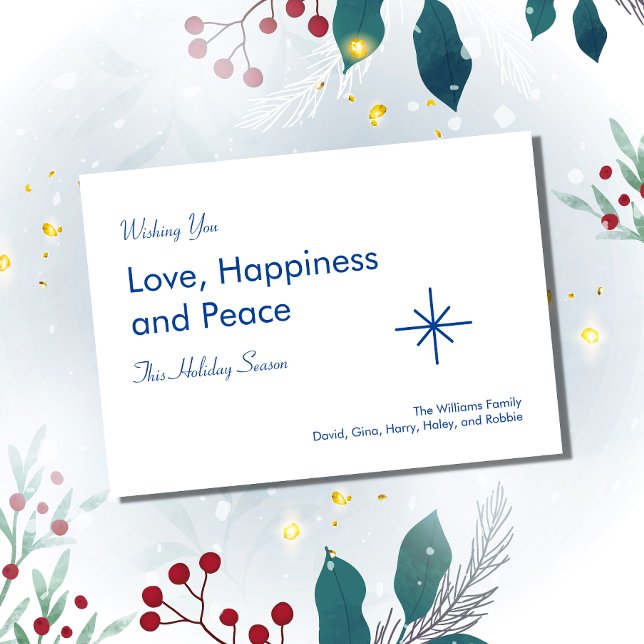 Christmas Elegant Script Peace Love Blue Snowflake Holiday Card (Creator Uploaded)
