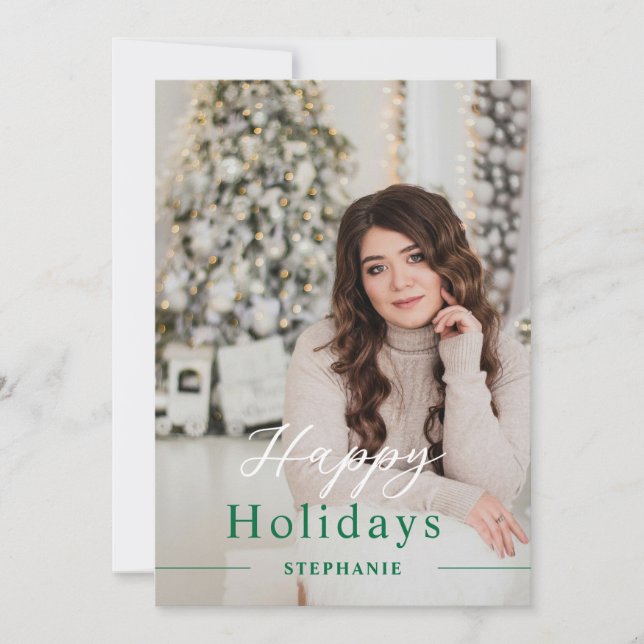 Christmas Elegant Script Photo Green Happy  Holiday Card (Front)