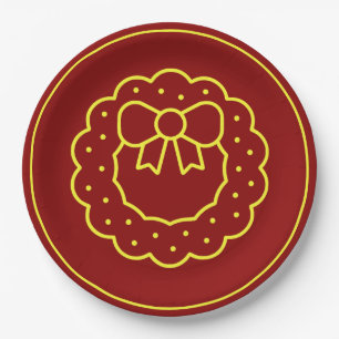 Christmas Elegant Simple Gold Wreath on Red 9" Paper Plates