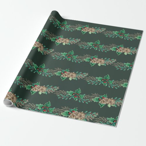 Christmas Elegant Striped Holly Berry Pine Foliage Wrapping Paper