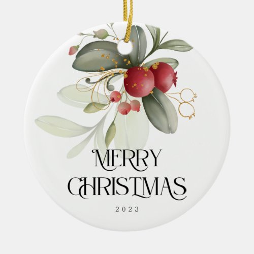 Christmas Elegant Watercolor Berry Classic Ceramic Ornament