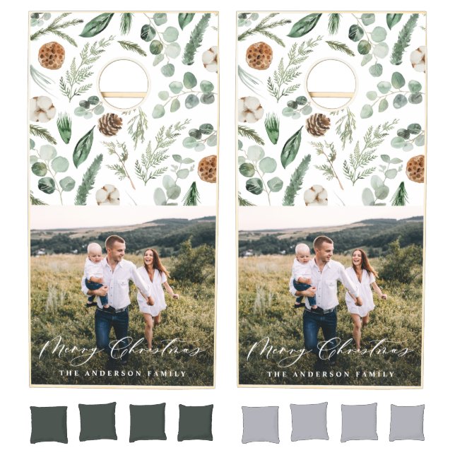 Christmas elegant watercolor foliage green cornhole set (Set)